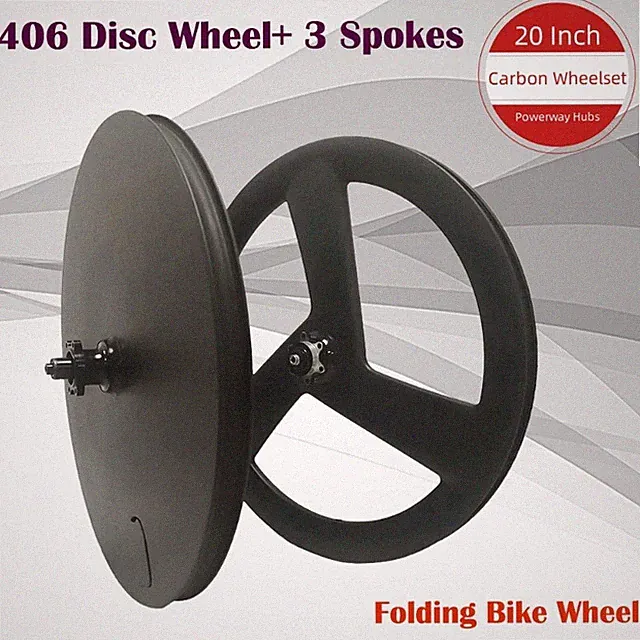 20er Carbon Fiber Road Folding Bike Wheelset Front 3 Spokes and Rear Disk Wheel